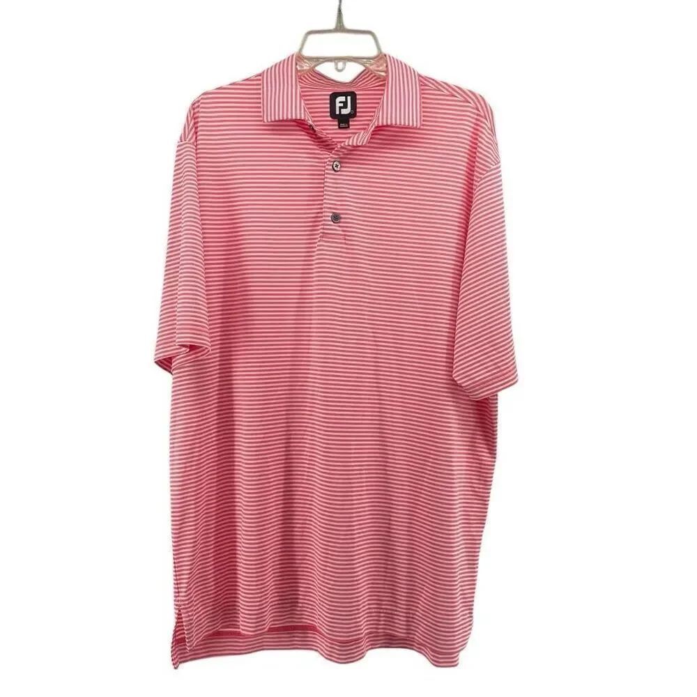 FJ FootJoy Men’s Pink White Striped Golf Polo Shirt Size Large Short Sleeve